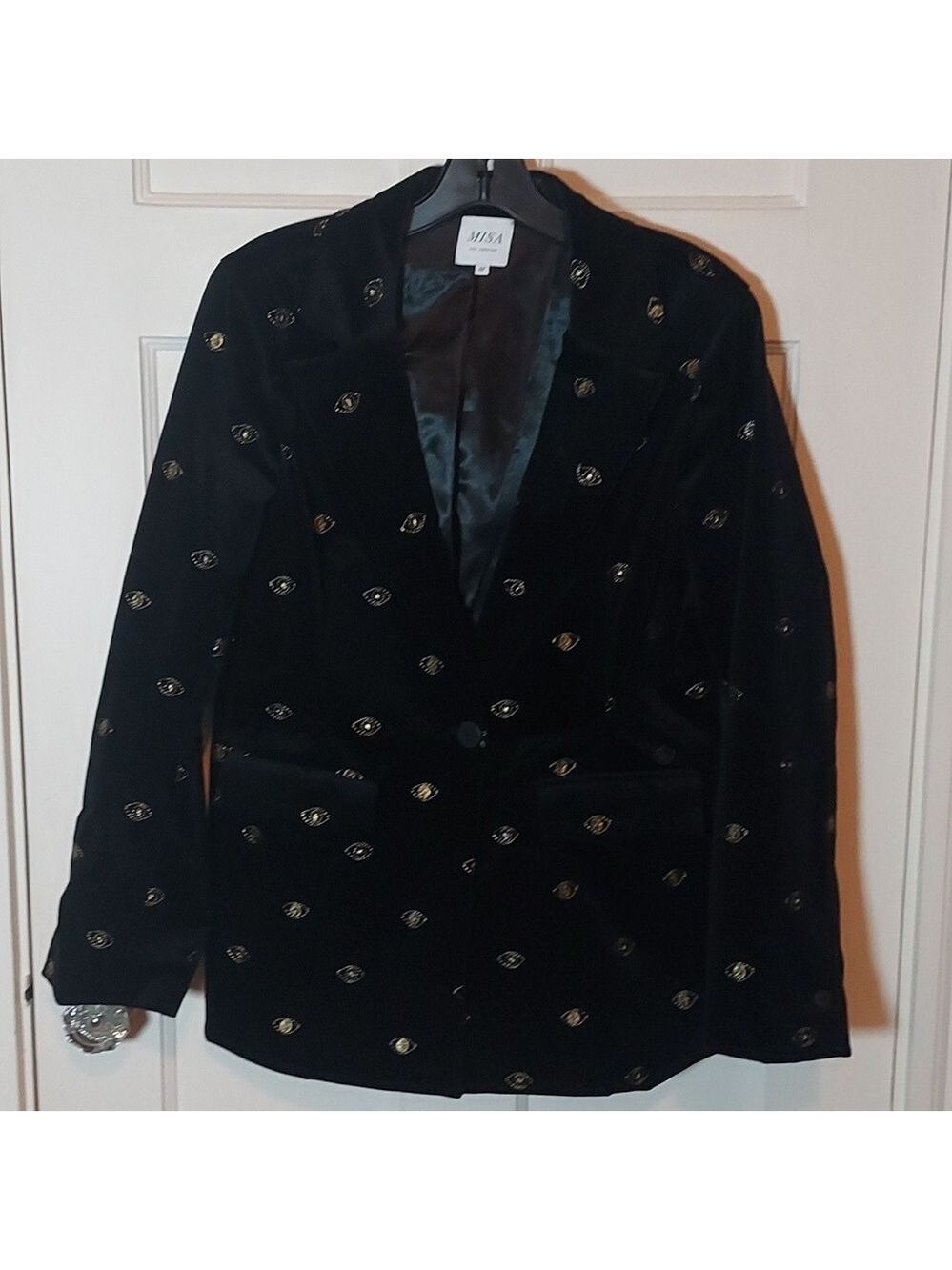 Misa Los Angeles Woman's Black Velvet Blazer With Gold Evil Eye Embrodiery SZ M